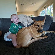 Kodah is registered to the contest to win money with this photo: baby, dog, couch, living_room, window, blanket, green_clothing, indoor, pet, child, furniture, carpet, smiling, tongue_out, ears, face, home_decor, person, animal, relaxing