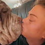 Smalls joined the competition — help win amazing prizes! dog, person, face, kiss, affection, wrinkles, close_up, indoor, couch, love, pet, bond, human, animal, blurred_background, home, friendship, snout, warmth, comfort
