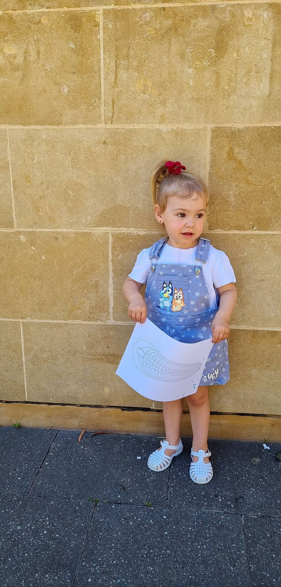 Ruby joined the competition — help win amazing prizes! baby_toddler_clothing, child, clothing, day_dress, denim, electric_blue, eye, hair, happy, human_leg, magenta, pattern, person, shoulder, sitting, sleeve, t_shirt, textile, toddler, uniform
