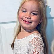 Constance is registered to the contest to win money with this photo: background, blonde_hair, bow, child, childhood, cute, earrings, face, fashion, girl, happy, indoor, lace, person, portrait, posing, pretty, smile, white_dress, young
