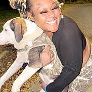 Blu joined the competition — help win amazing prizes! animal, black_long_sleeve, camouflage_pants, clothing, dog, dreadlocks, happy, hugging, jacket, leaves, night, nose_ring, outdoor, person, pet, road, side_view, smiling, tree, watch