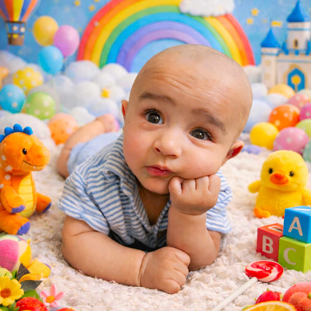 Abish is registered to the contest to win money with this photo: baby, blocks, bright, child, colorful, cute, decor, flowers, fruit, happy, indoor, infant, lollipop, playroom, plush_dinosaur, portrait, rainbow, rubber_duck, soft_rug, toys