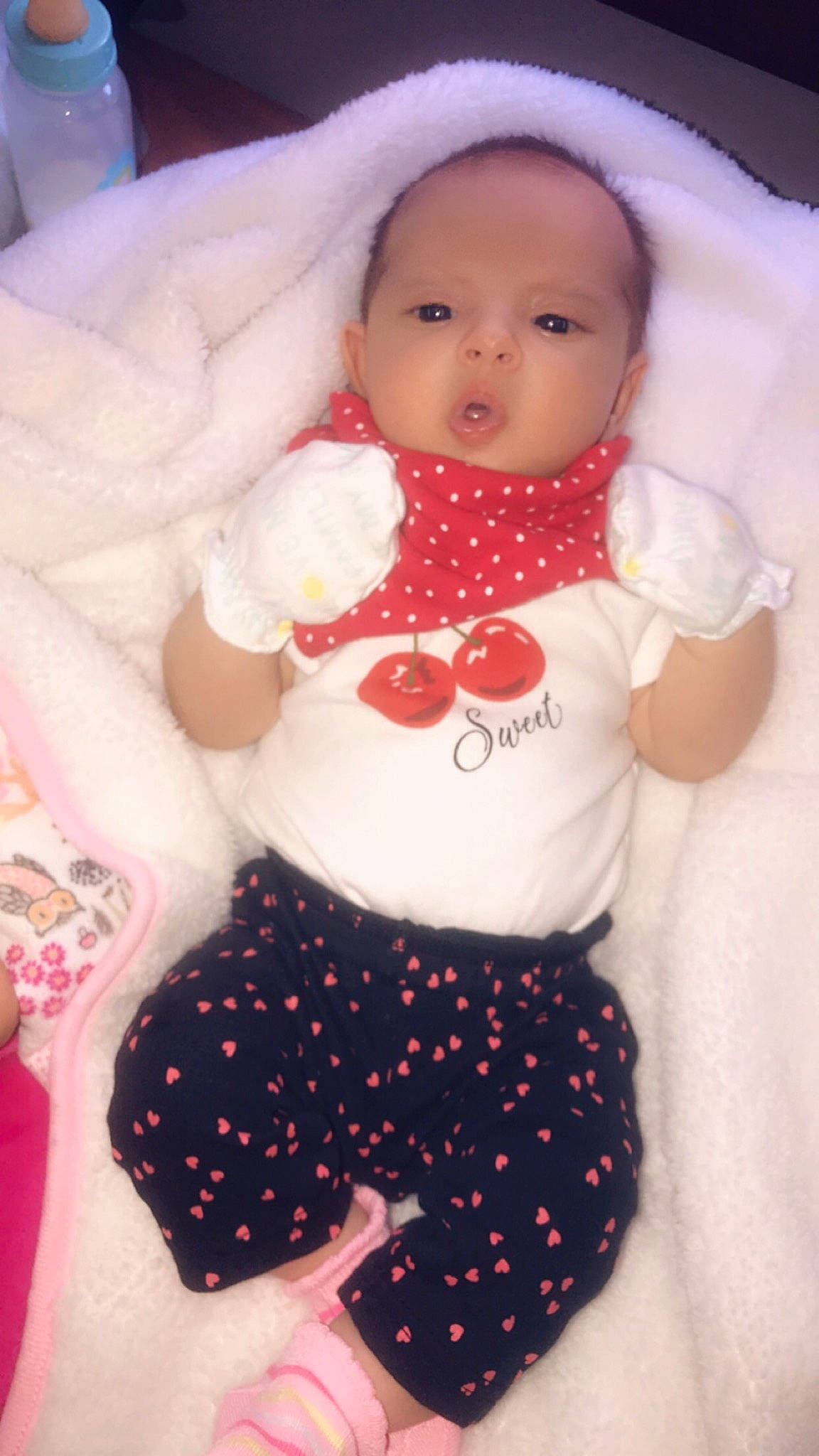 Augustina is registered to the contest to win money with this photo: baby, baby_products, baby_toddler_clothing, cheek, child, design, pattern, person, pink, polka_dot, product, skin, toddler