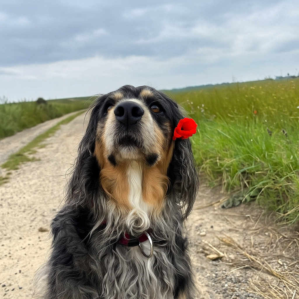 Perle a rejoint le concours — aidez-le/la à gagner de superbes lots ! adorable, animal, canine, closeup, cloudy_sky, collar, cute, dog, field, flower, fur, grass, landscape, nature, outdoor, path, pet, portrait, rural, sitting