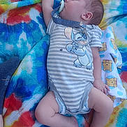 Elyjah joined the competition — help win amazing prizes! baby, sleeping, onesie, pacifier, striped_clothing, cartoon_character, tie_dye_blanket, colorful, soft_fabric, infant, peaceful, cute, child, lying_down, nap, comfort, skin, foot, hand, head