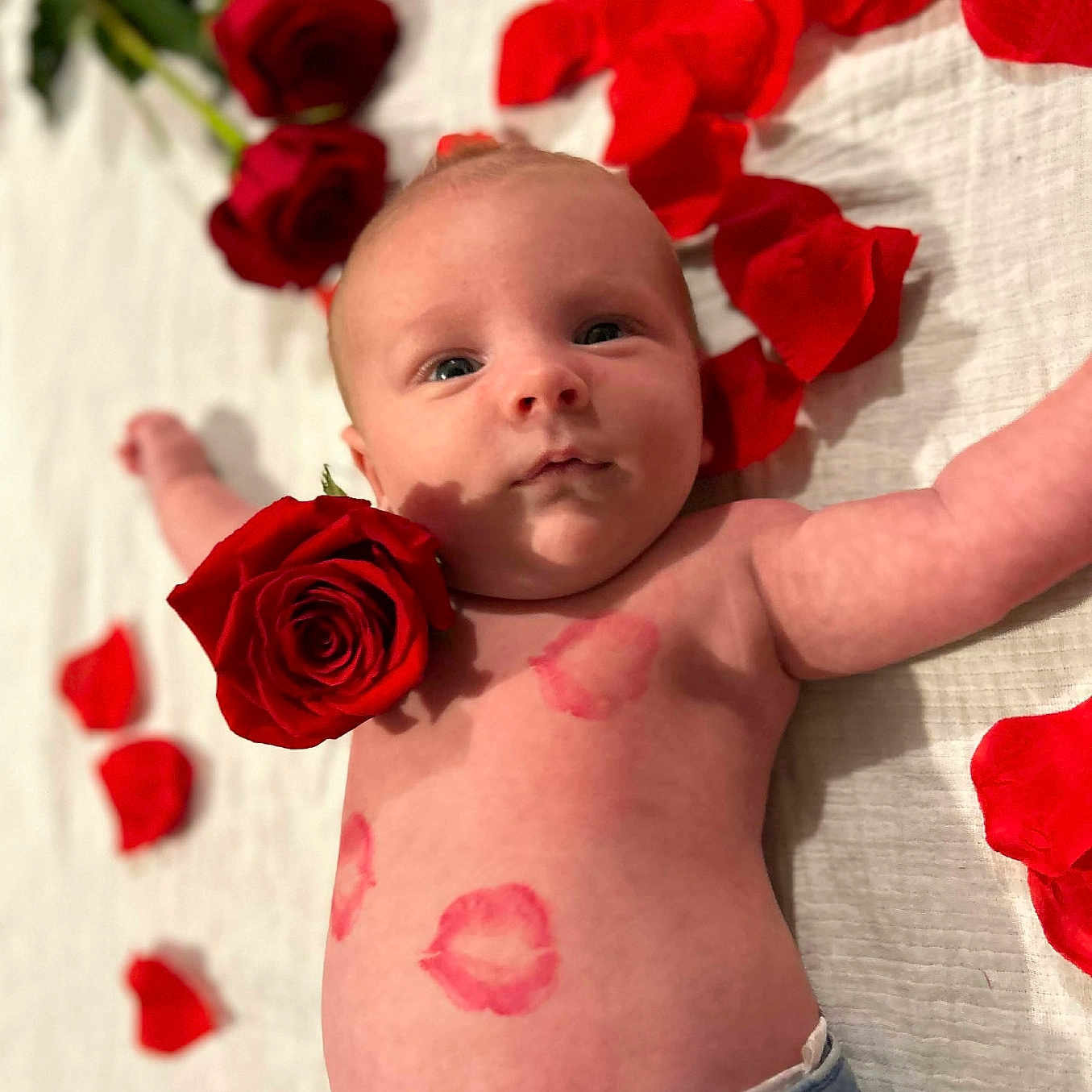 Andréa participe au concours pour gagner de l'argent avec cette photo : baby, bed, blanket, closeup, denim, eyes_open, face, flower, infant, jeans, kiss_marks, lipstick, lying_down, newborn, petals, portrait, rose, rose_petals, rosy_cheeks, shirtless