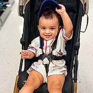 Madhav joined the competition — help win amazing prizes! toddler, stroller, child, smiling, cap, clothing, indoor, toy_store, baby, happy, seatbelt, footwear, legs, face, person, retail, shopping, floor, expression, cute