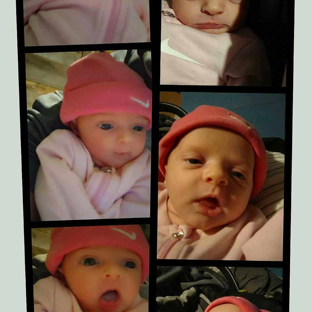 May joined the competition — help win amazing prizes! baby, blanket, car_seat, closeup, clothing, collage, eyes, face, indoor, infant, mouth, newborn, onesie, pink_hat, portrait, sleepy, soft_lighting, stroller, surprised_expression, yawning