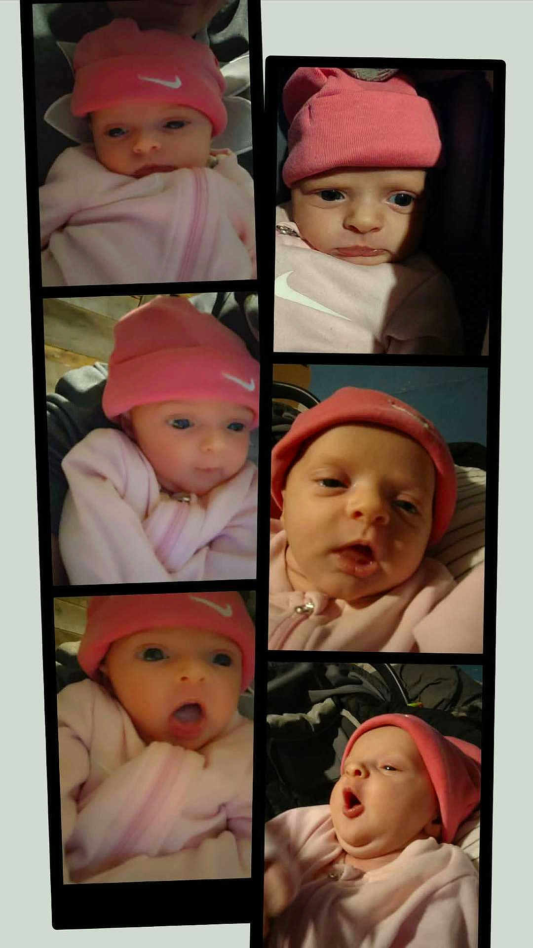 May joined the competition — help win amazing prizes! baby, infant, newborn, pink_hat, onesie, collage, closeup, portrait, yawning, surprised_expression, sleepy, stroller, car_seat, blanket, clothing, face, eyes, mouth, indoor, soft_lighting