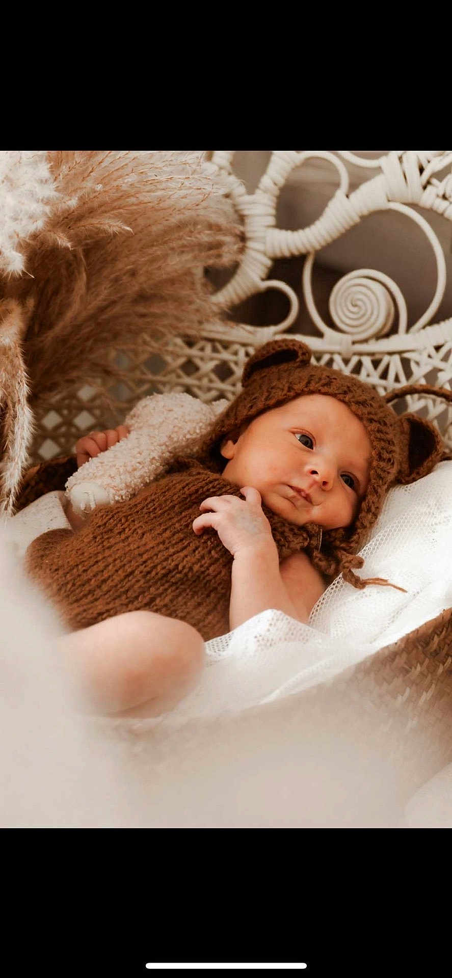 Jade participe au concours pour gagner de l'argent avec cette photo : baby, infant, knitted_clothing, brown, bear_hat, wicker_chair, soft_texture, blanket, cute, portrait, indoors, newborn, child, cozy, resting, hand, face, headwear, warm, relaxed