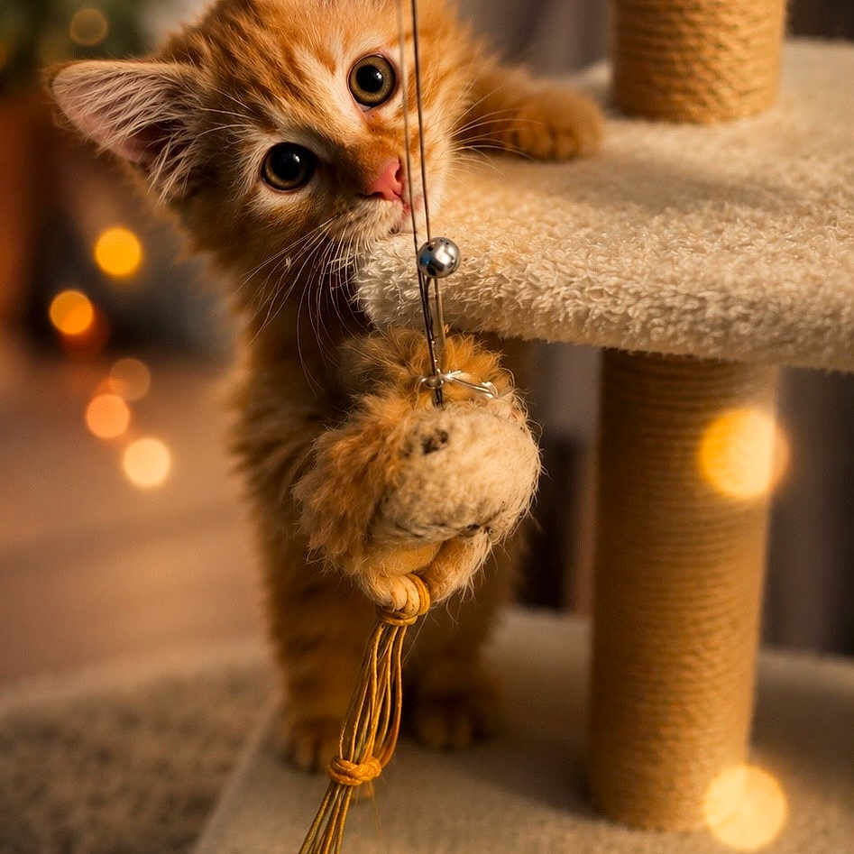 Baloo participe au concours pour gagner de l'argent avec cette photo : kitten, cat, orange_cat, pet, cute, playful, toy, cat_tree, indoor, feline, whiskers, curious, young, fur, claw, paws, soft_light, cozy, bokeh, animal
