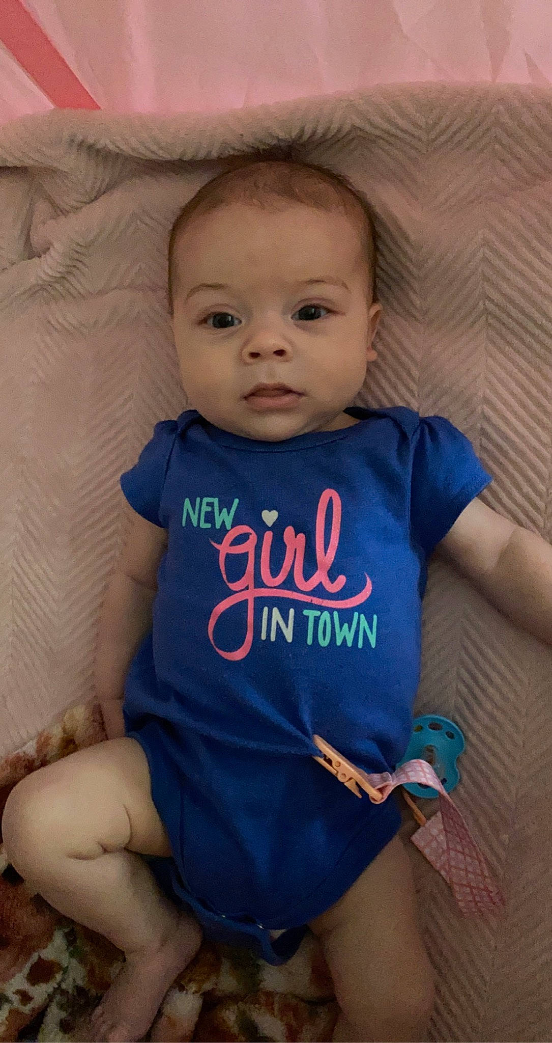 Brynley is registered to the contest to win money with this photo: abdomen, azure, baby, baby_toddler_clothing, cheek, comfort, electric_blue, face, finger, happy, neck, nose, person, product, skin, sleeve, smile, t_shirt, textile, toddler