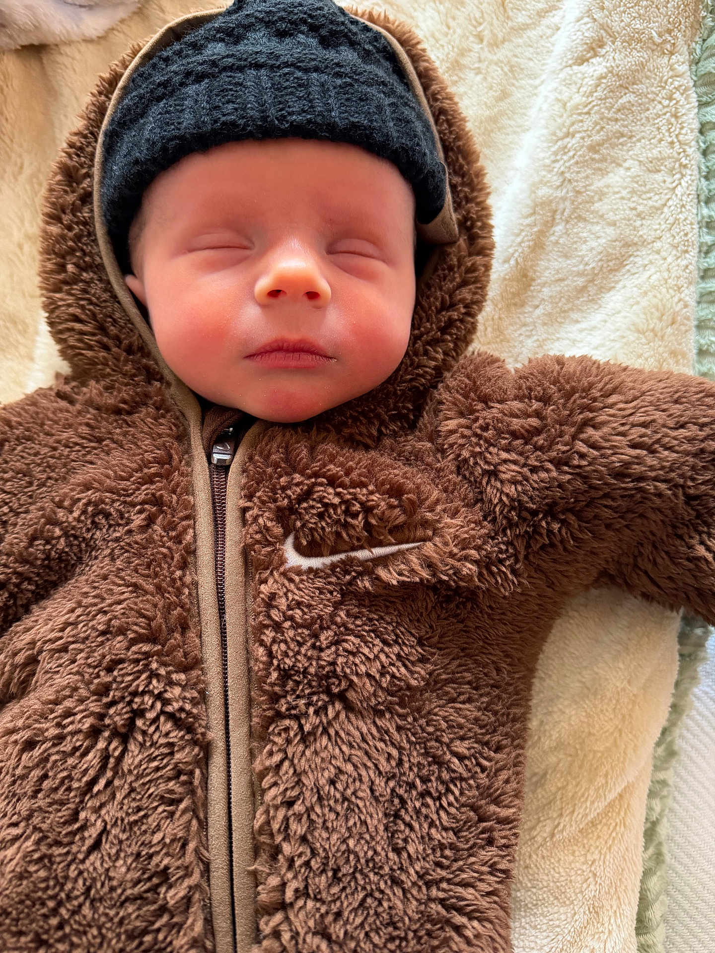 Juan is registered to the contest to win money with this photo: baby, sleeping, hat, jacket, brown, fuzzy, blanket, closeup, face, child, infant, warm, cozy, apparel, hood, portrait, soft, rest, cute, bundle