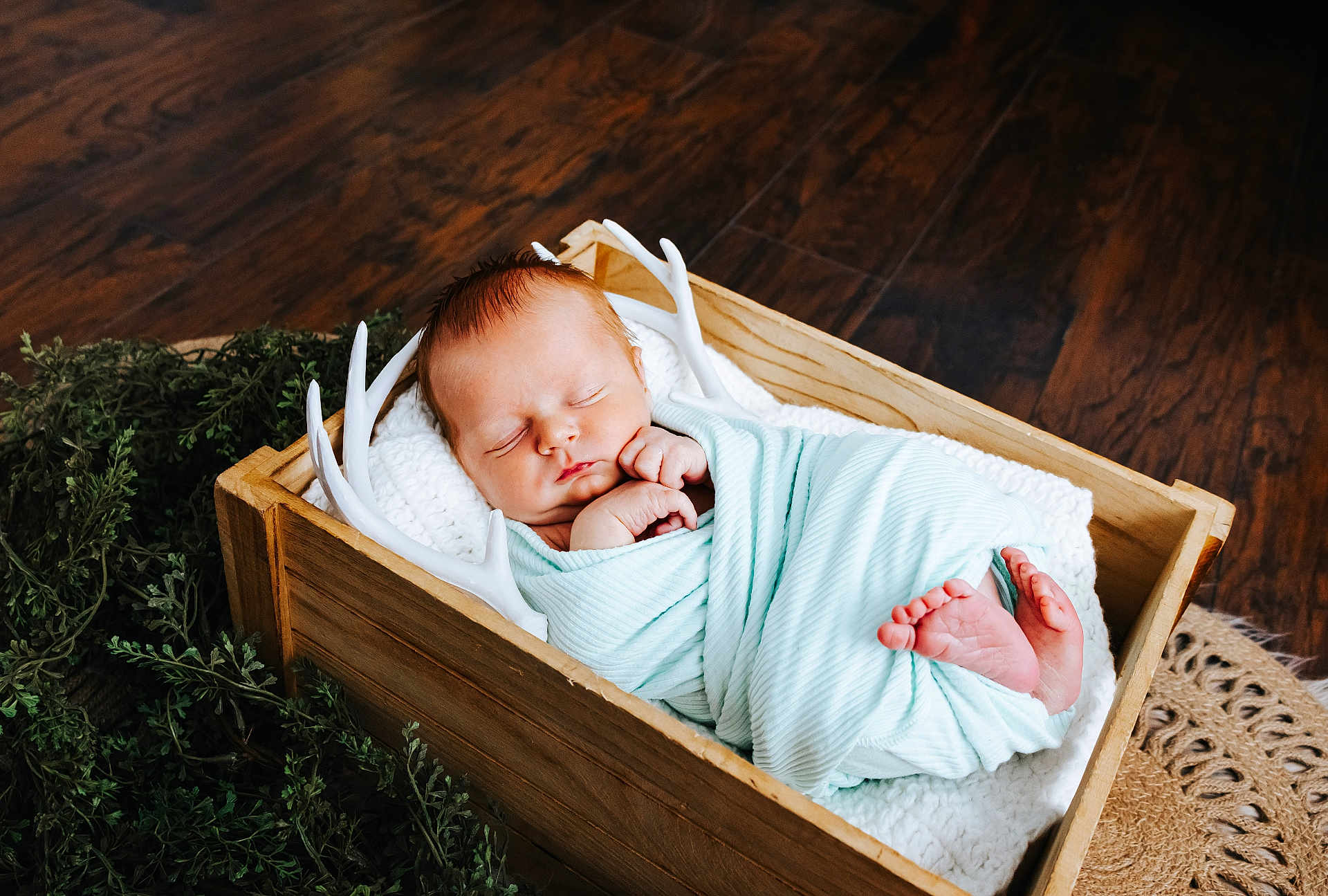 Colby joined the competition — help win amazing prizes! newborn, baby, sleeping, swaddle, wooden_box, blanket, greenery, flooring, cozy, infant, resting, peaceful, wrapped, hands, feet, indoors, portrait, cute, soft_lighting, decor