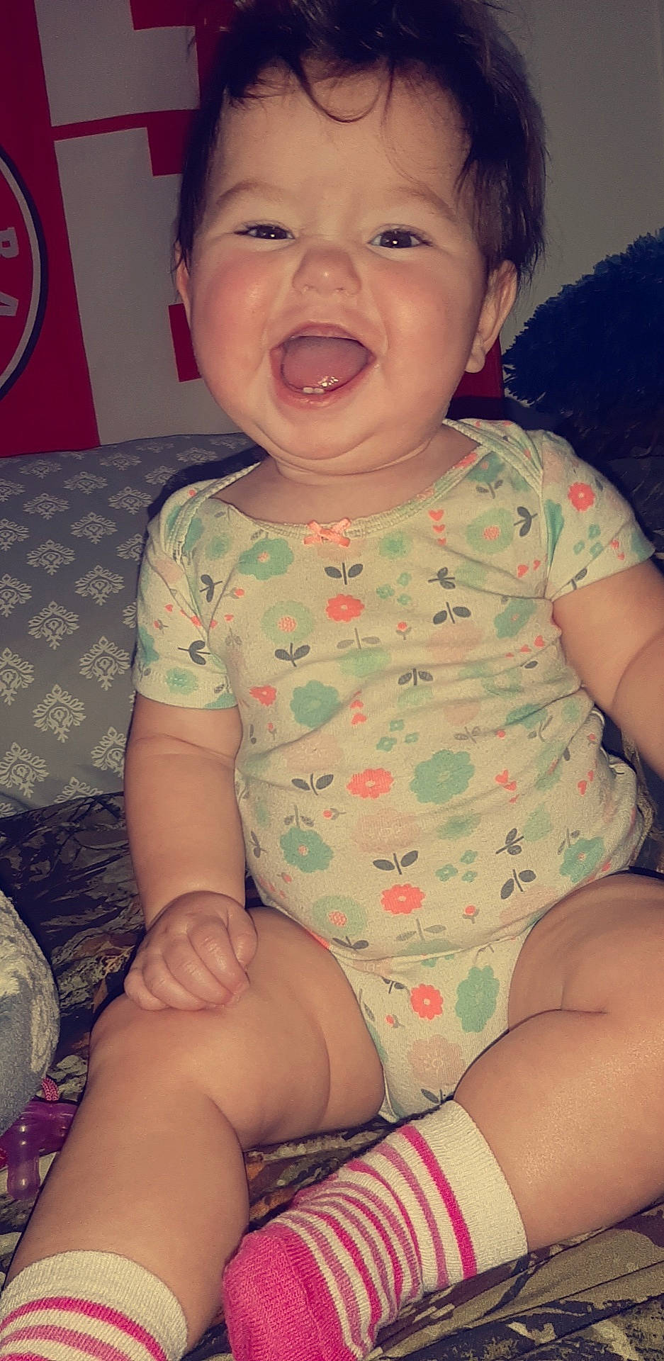 Braylyn is registered to the contest to win money with this photo: abdomen, baby, cheek, child, diaper, eye, facial_expression, happy, laugh, leg, lip, mouth, person, sitting, skin, smile, thigh, toddler