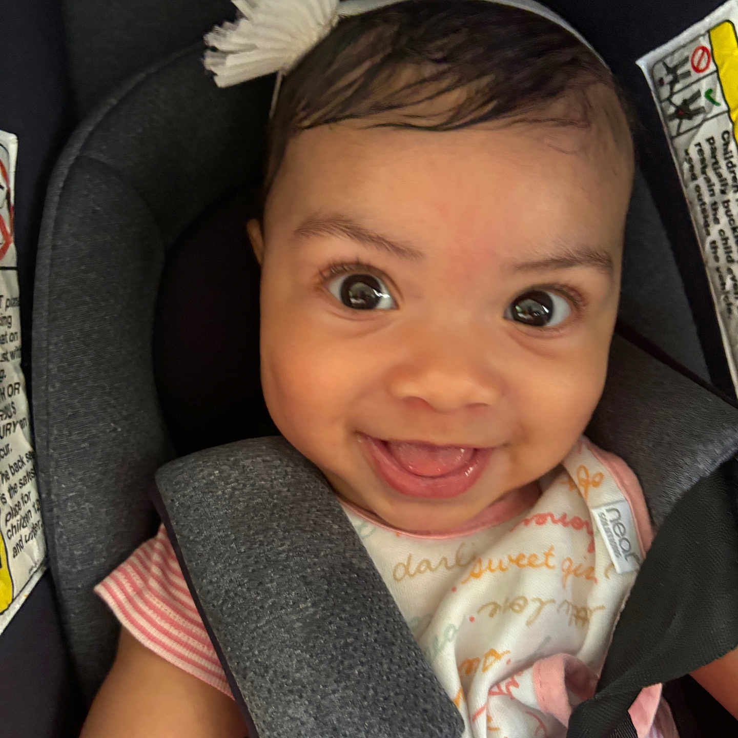 Waverly is registered to the contest to win money with this photo: baby, bib, bright_eyes, car_seat, child, closeup, cute, flower, happy, headband, indoors, infant, joyful, person, pink_clothing, portrait, safety_harness, seatbelt, smile, young_child