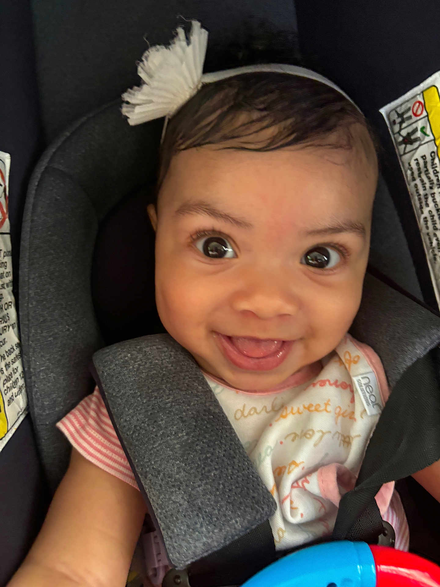Waverly is registered to the contest to win money with this photo: baby, child, car_seat, smile, headband, flower, bib, safety_harness, cute, happy, portrait, infant, person, closeup, seatbelt, pink_clothing, bright_eyes, indoors, young_child, joyful