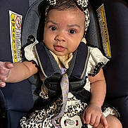 Waverly joined the competition — help win amazing prizes! baby, infant, car_seat, headband, leopard_print, clothing, pacifier, straps, cute, child, person, sitting, smiling, looking_at_camera, indoor, portrait, young_child, hand, face, accessory