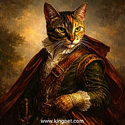 Poppy Grillz joined the competition — help win amazing prizes! cat, costume, historical_clothing, portrait, vintage_style, noble, sword, ruffled_collar, cape, glove, medieval, background, fur, green_clothing, brown_belt, golden_buckle, animal_portrait, feline, regal, painting_style