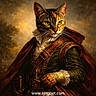 cat, costume, historical_clothing, portrait, vintage_style, noble, sword, ruffled_collar, cape, glove, medieval, background, fur, green_clothing, brown_belt, golden_buckle, animal_portrait, feline, regal, painting_style