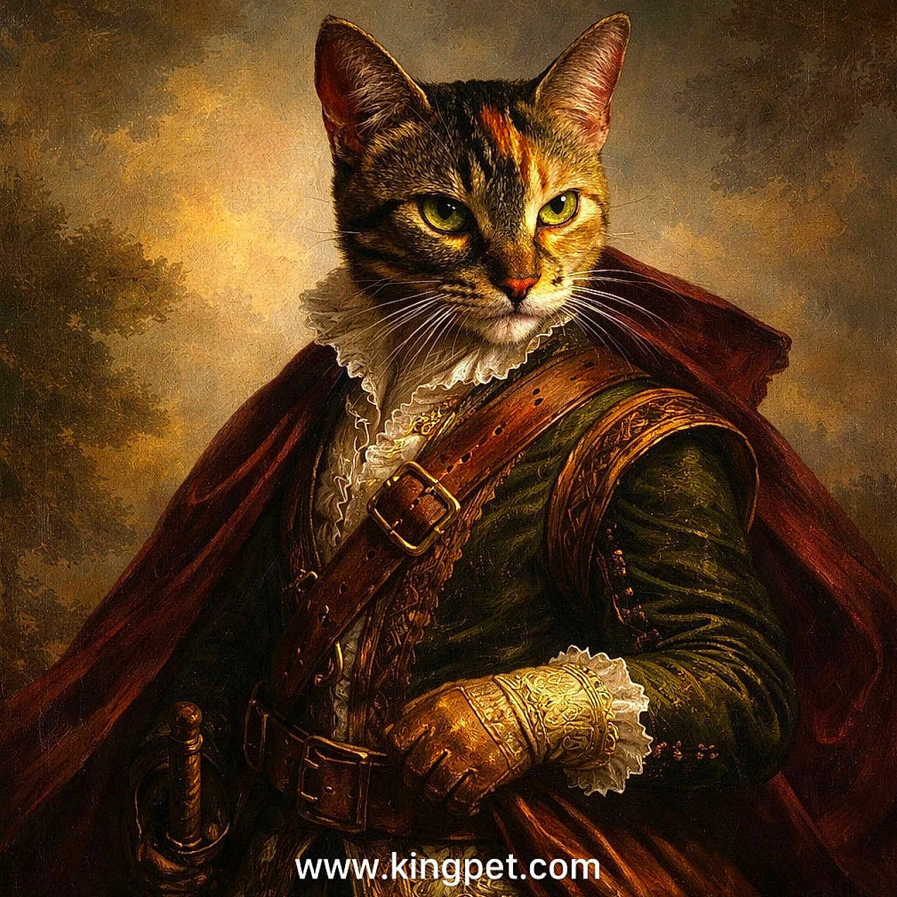 Poppy Grillz joined the competition — help win amazing prizes! cat, costume, historical_clothing, portrait, vintage_style, noble, sword, ruffled_collar, cape, glove, medieval, background, fur, green_clothing, brown_belt, golden_buckle, animal_portrait, feline, regal, painting_style