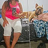 Keeway joined the competition — help win amazing prizes! bed, bedclothes, bedroom, blanket, carpet, dog, french_bulldog, indoor, long_hair, mirror_selfie, person, pet, pink_shirt, portrait, shoe, sitting, standing, tattoo, white_pants, woman