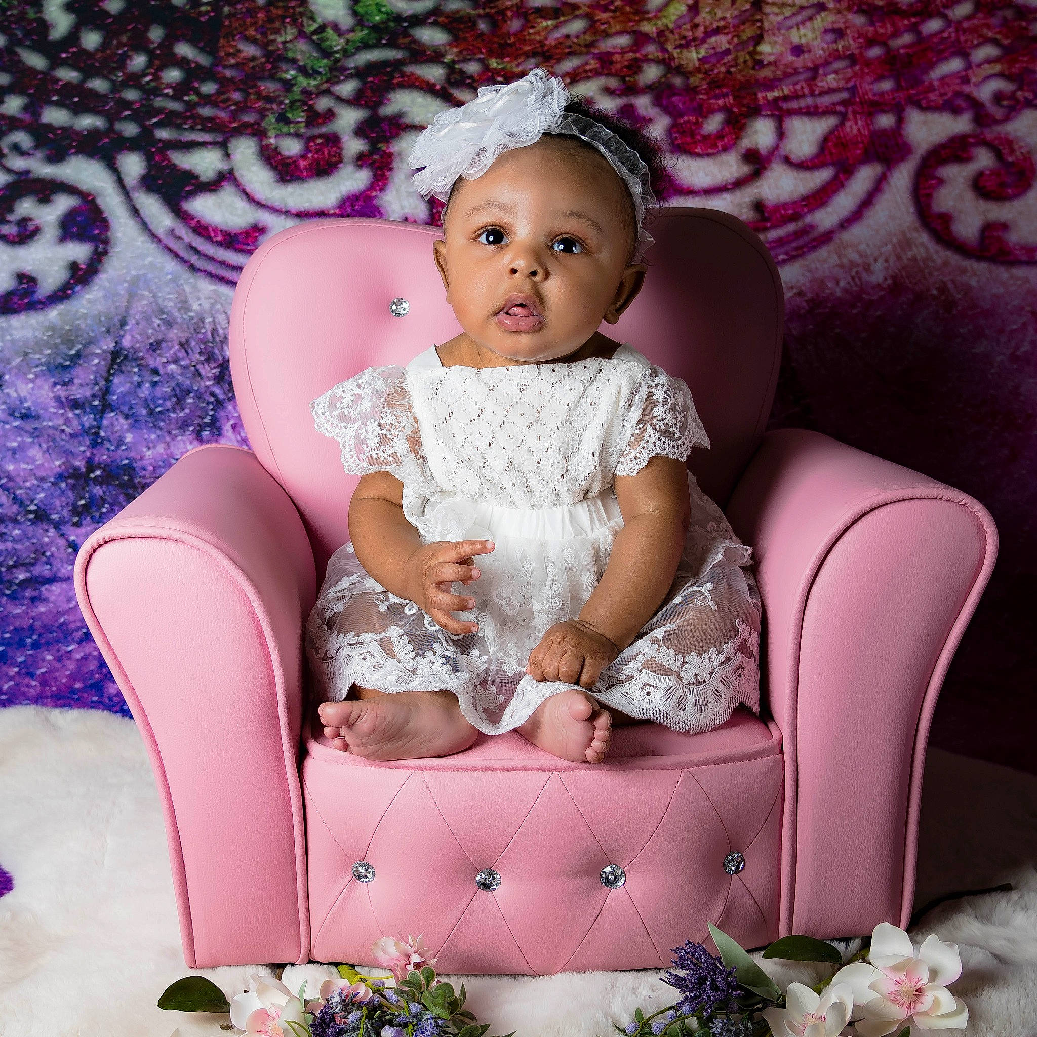 Arlee joined the competition — help win amazing prizes! baby_toddler_clothing, chair, cheek, child, comfort, event, eyelash, face, fashion, hairstyle, headpiece, jewellery, magenta, organ, person, pink, product, purple, sitting, skin