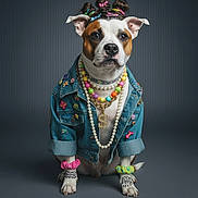 Vayana a rejoint le concours — aidez-le/la à gagner de superbes lots ! dog, pet, portrait, studio, denim_jacket, pearls, beaded_necklace, dollar_chain, hair_clips, scrunchies, paw_tattoo, paws, sitting, gray_background, accessories, fashion, costume, cute, closeup, expression