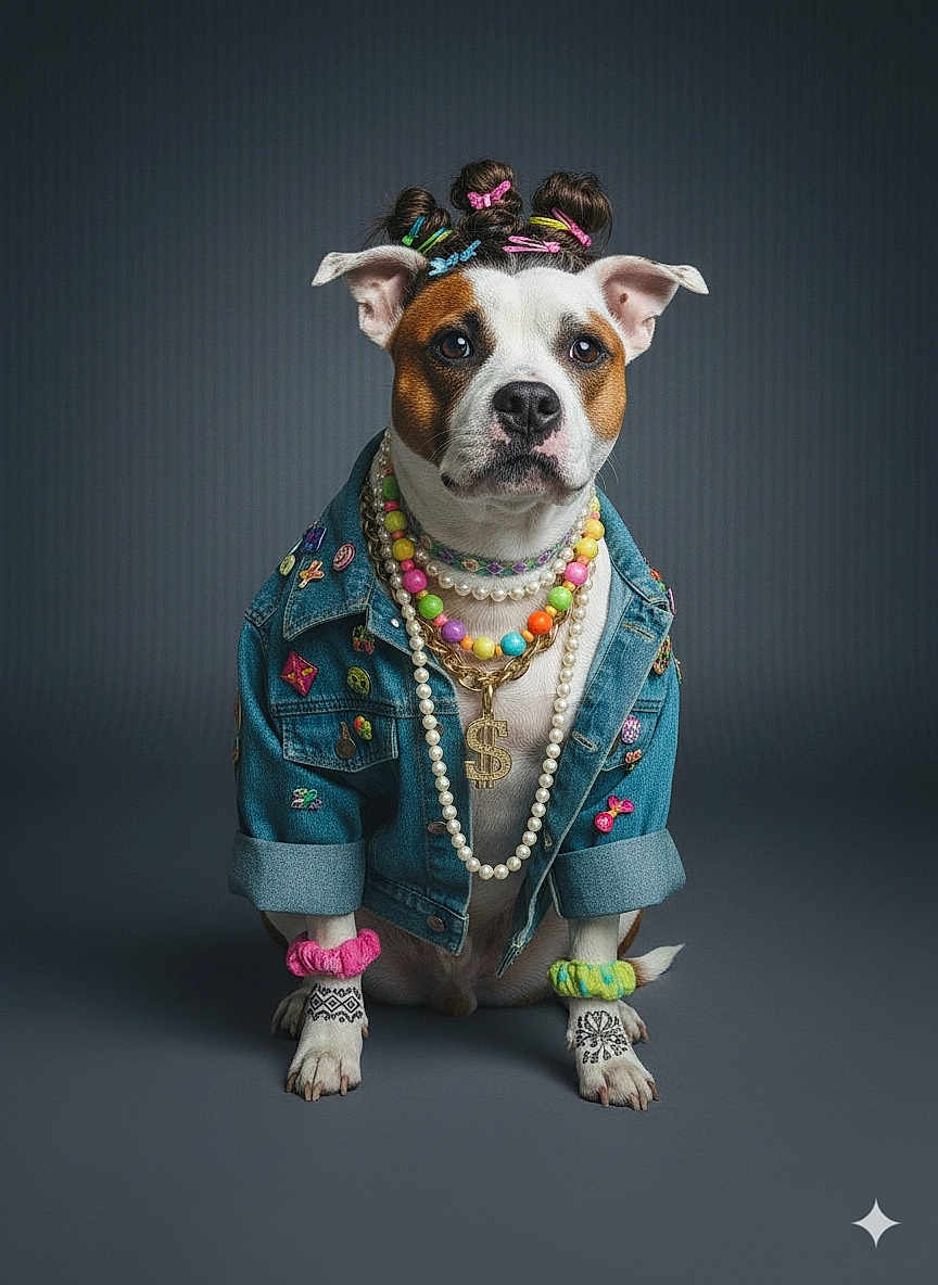Vayana a rejoint le concours — aidez-le/la à gagner de superbes lots ! dog, pet, portrait, studio, denim_jacket, pearls, beaded_necklace, dollar_chain, hair_clips, scrunchies, paw_tattoo, paws, sitting, gray_background, accessories, fashion, costume, cute, closeup, expression