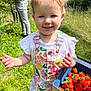 Arabella is registered to the contest to win money with this photo: child, toddler, smiling, strawberries, box, outdoor, grass, sunny, daylight, flower_pattern, overalls, white_shirt, nature, greenery, person, happy, summer, fruit, harvest, cute