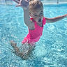 Adalynn joined the competition — help win amazing prizes! child, swimming_pool, pink_swimsuit, water, splashing, wet_hair, raised_hand, outstretched_arm, open_mouth, blue_eyes, outdoor, summer, recreation, portrait, action_shot, playful, joyful, poolside, sunlight, water_ripples
