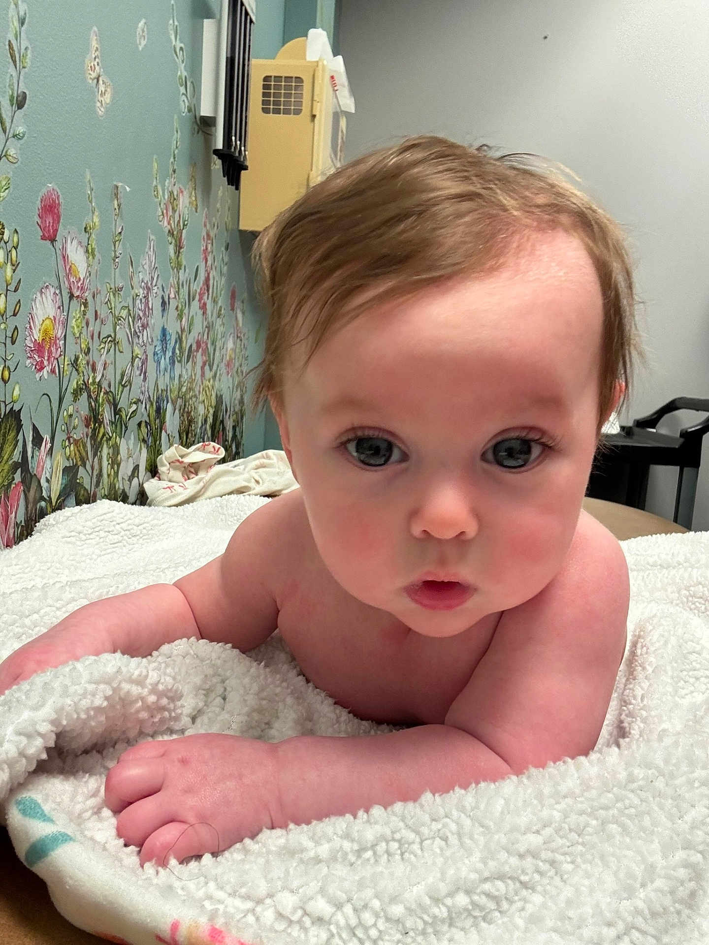 Scout is registered to the contest to win money with this photo: baby, infant, close_up, portrait, blanket, floral_wallpaper, nursery, chubby_cheeks, big_eyes, soft_towel, bare_shoulders, lying_on_stomach, curious_expression, indoor, skin, hair, hand, face, towel, adorable