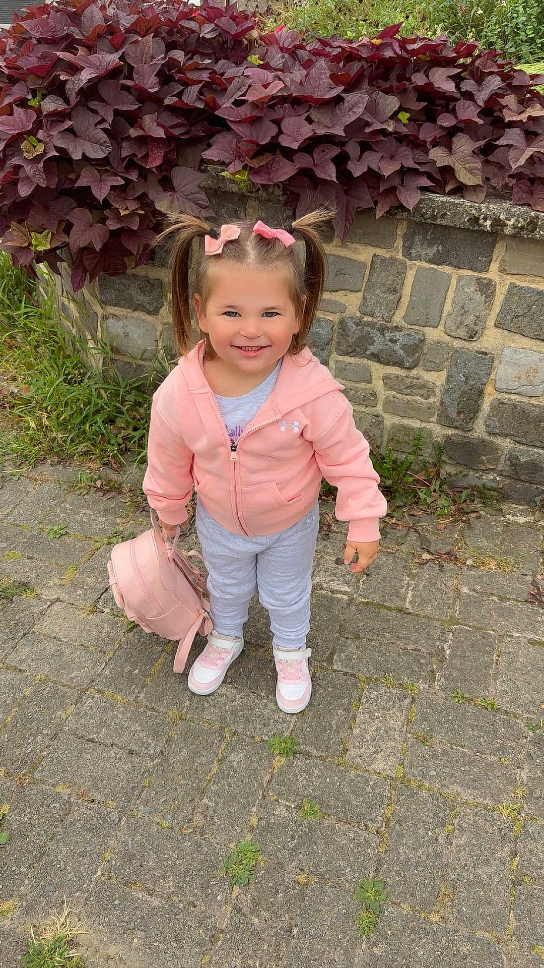 Lenaya participe au concours pour gagner de l'argent avec cette photo : child, toddler, girl, pigtails, pink_jacket, hair_bows, backpack, sneakers, smile, stone_wall, plants, sidewalk, outdoors, cute, looking_at_camera, full_body, standing, pavement, greenery, casual_clothing