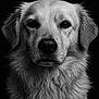 dog, golden_retriever, portrait, close_up, black_and_white, water_droplets, wet_fur, animal, pet, canine, fur, face, eyes, nose, whiskers, majestic, studio, dark_background, expression, headshot