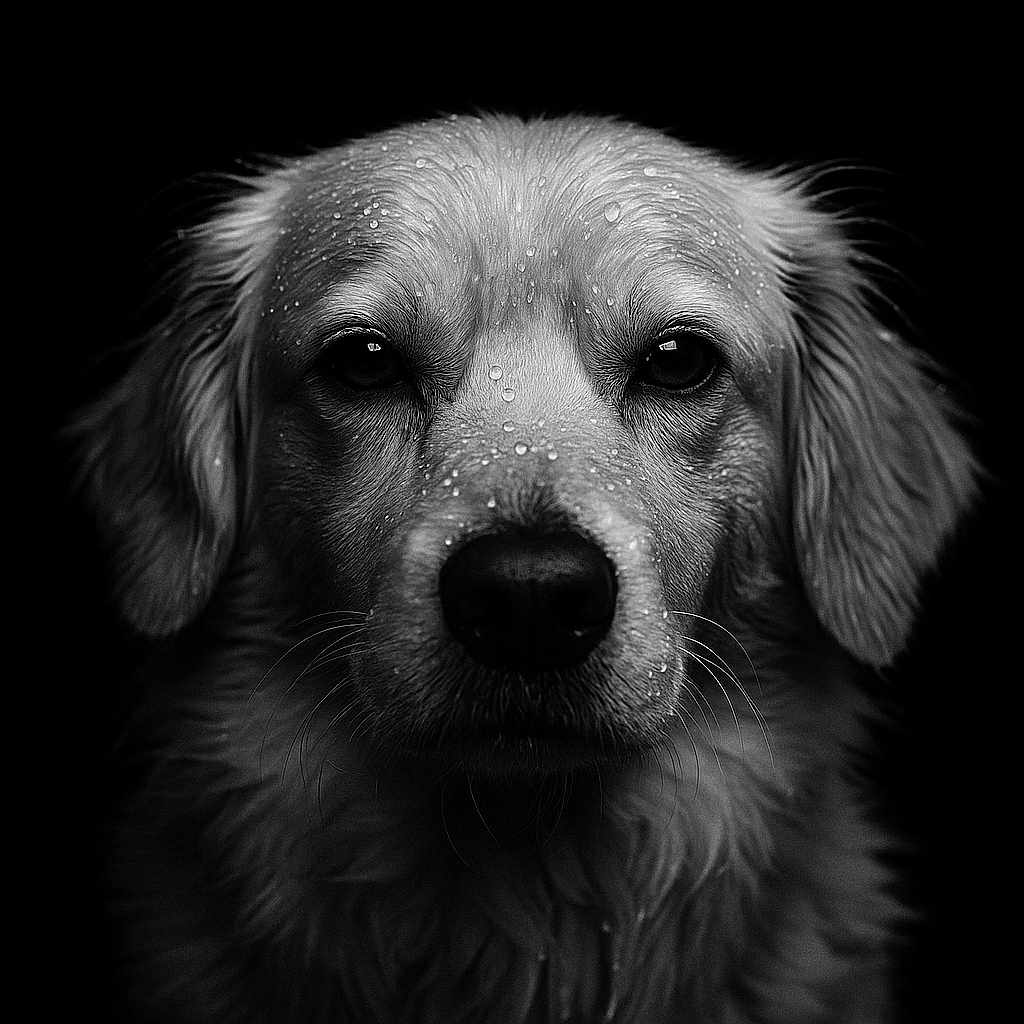 Nuts a rejoint le concours — aidez-le/la à gagner de superbes lots ! dog, golden_retriever, wet_fur, close_up, portrait, black_background, water_droplets, animal, pet, mammal, canine, fur, face, eyes, snout, whiskers, expression, monochrome, black_and_white, studio_lighting