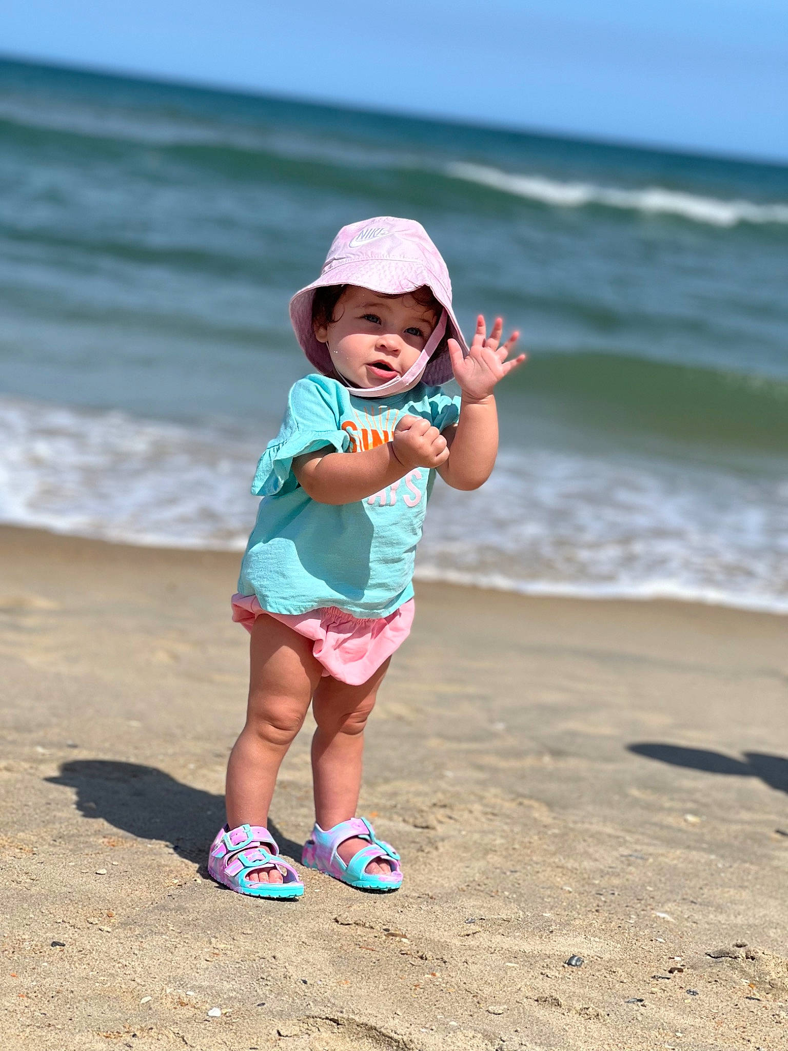 Azalee joined the competition — help win amazing prizes! azure, baby_toddler_clothing, beach, cap, coastal_and_oceanic_landforms, fun, happy, hat, headwear, horizon, leg, leisure, people_in_nature, people_on_beach, person, sky, sleeve, summer, sun_hat, toddler