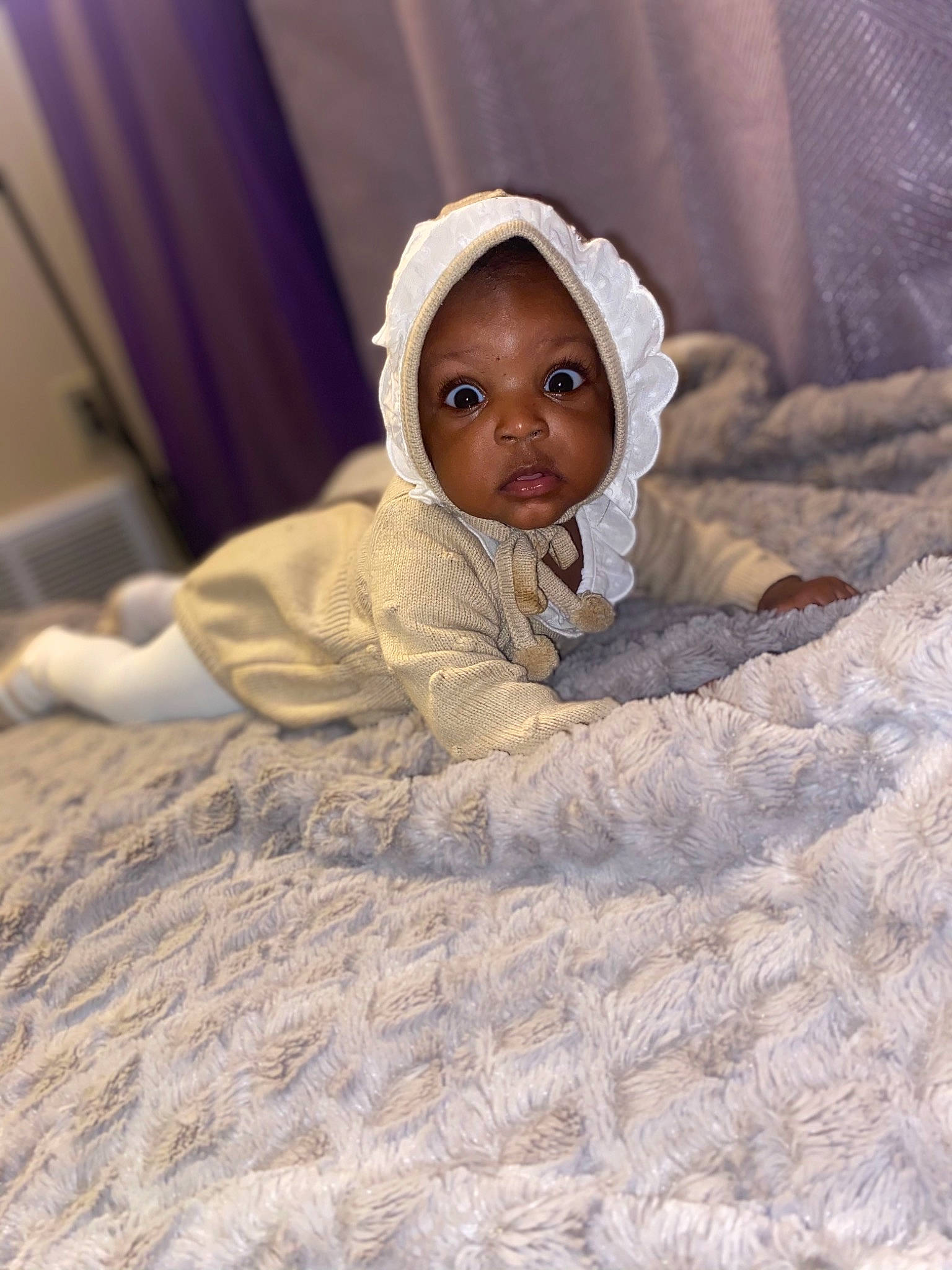 Giuliana joined the competition — help win amazing prizes! baby, baby_sleeping, bed, bed_sheet, bedding, bedtime, blanket, child, comfort, flooring, fur, happy, linens, person, portrait_photography, room, sand, sitting, smile, toddler