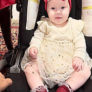 Valerle is registered to the contest to win money with this photo: baby, child, infant, stroller, dress, headband, red_bow, socks, cute, smiling, indoor, car_seat, person, portrait, sitting, tulle, gold_polka_dots, hand, footwear, happy