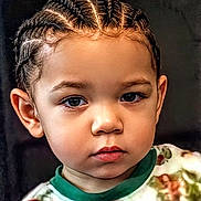 Koa is registered to the contest to win money with this photo: child, toddler, portrait, face, braided_hair, expression, clothing, green_collar, close_up, young_child, cute, serious, indoors, person, head, skin, eyes, hair, fashion, background_blur