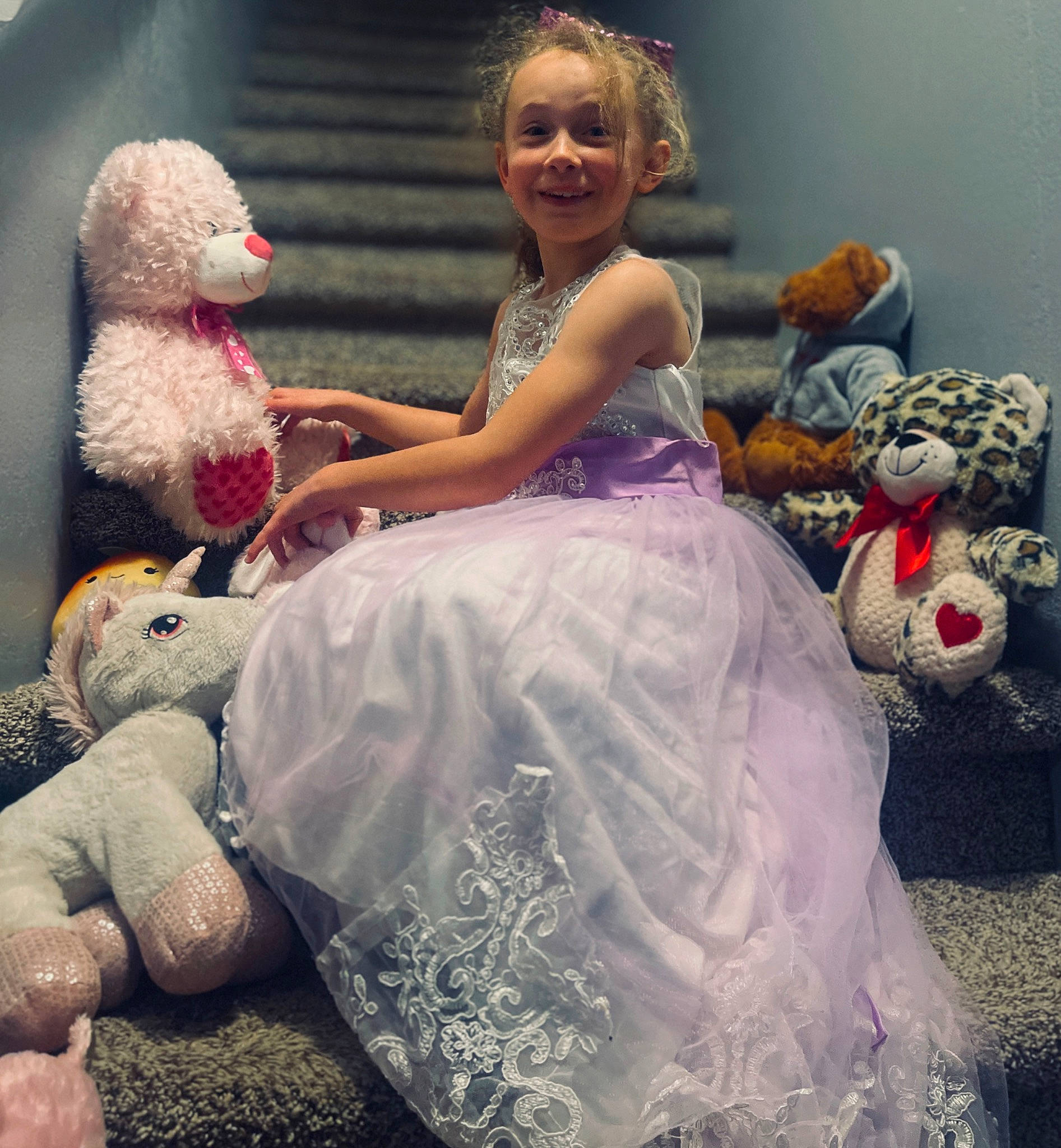 Addison joined the competition — help win amazing prizes! blond, bridal_accessory, child, costume, dress, event, fashion_design, formal_wear, fun, fur, happy, hoopskirt, joy, magenta, person, pink, ruffle, sitting, smile, stuffed_toy