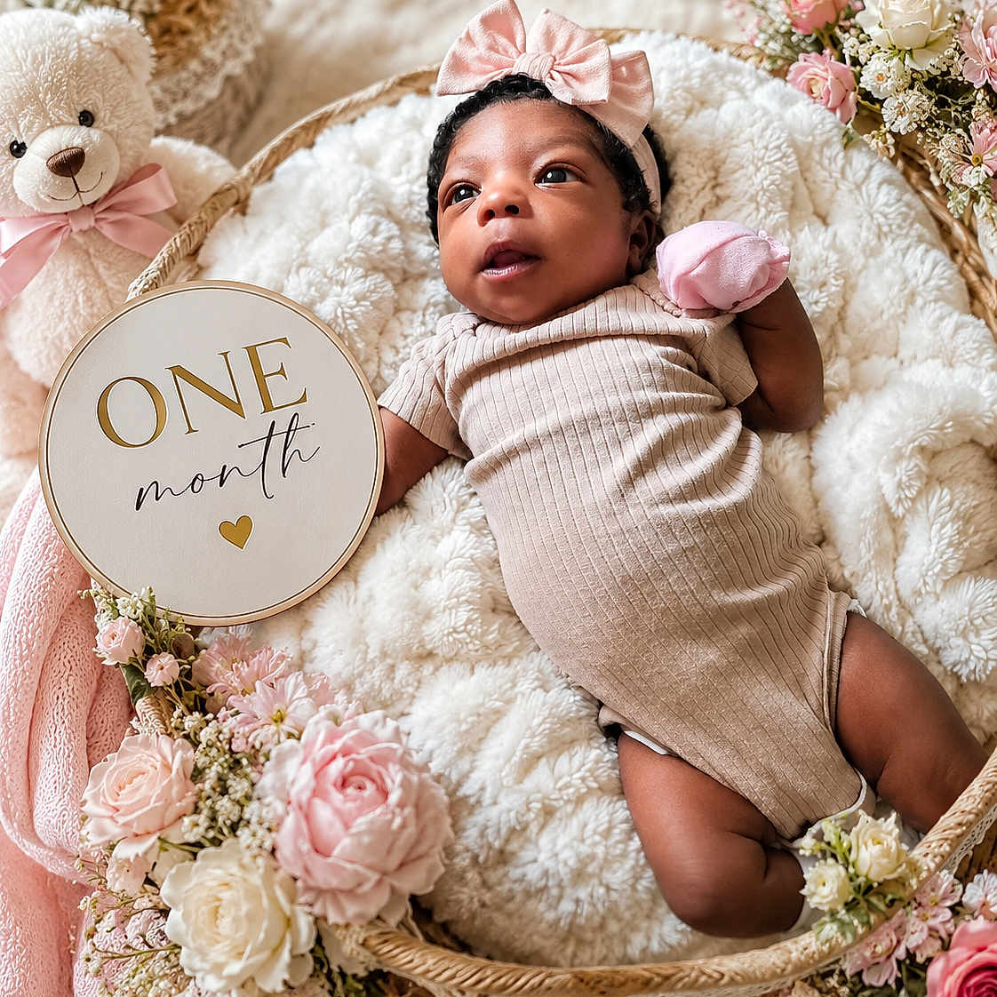 Kyanti is registered to the contest to win money with this photo: baby, basket, blanket, bow, celebration, cozy, cute, decor, flowers, headband, infant, milestone, newborn, one_month, onesie, pink, portrait, soft, teddy_bear, white