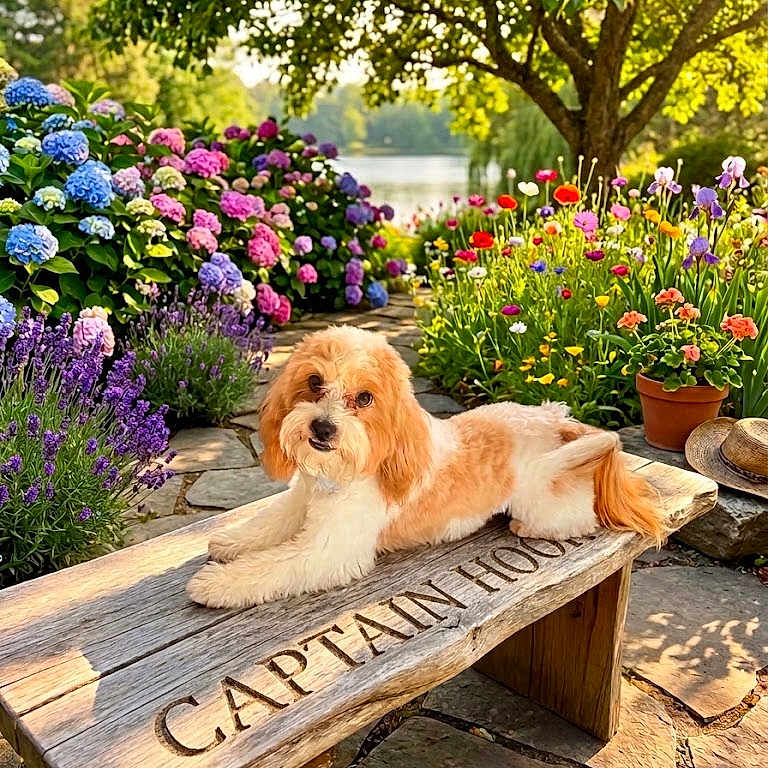 Captain Hook is registered to the contest to win money with this photo: dog, puppy, small_dog, fluffy, brown_and_white, lying_down, bench, wooden_bench, garden, flowers, hydrangeas, lavender, wildflowers, potted_plant, tree, pond, outdoor, sunlight, rustic, portrait