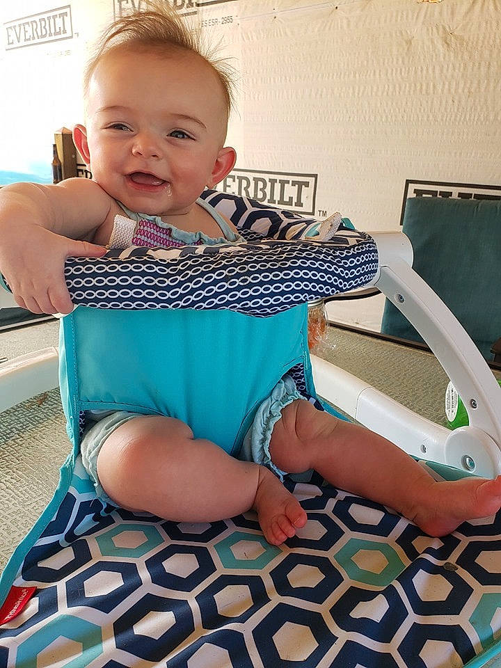 Reyna joined the competition — help win amazing prizes! baby, baby_toddler_clothing, chair, child, diaper_bag, furniture, leg, pattern, person, play, sitting, thigh, toddler, vacation