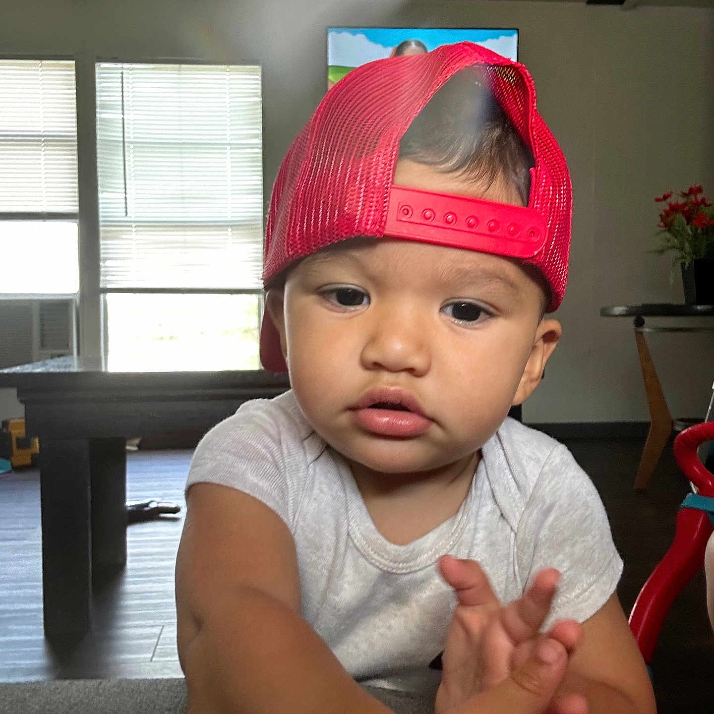 Luam joined the competition — help win amazing prizes! baby, toddler, child, portrait, face, serious, red_cap, backward_hat, white_shirt, sitting, hands, indoors, living_room, windows, sunlight, furniture, table, chair, toy, photography