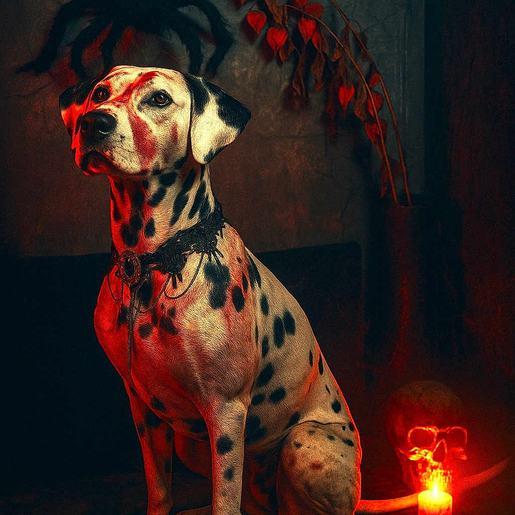 Shadow a rejoint le concours — aidez-le/la à gagner de superbes lots ! animal, candle, collar, creepy, dalmatian, dark, decor, dog, halloween, indoor, moody, pet, red_light, shadow, sitting, skull, spider, spot, still_life, wall