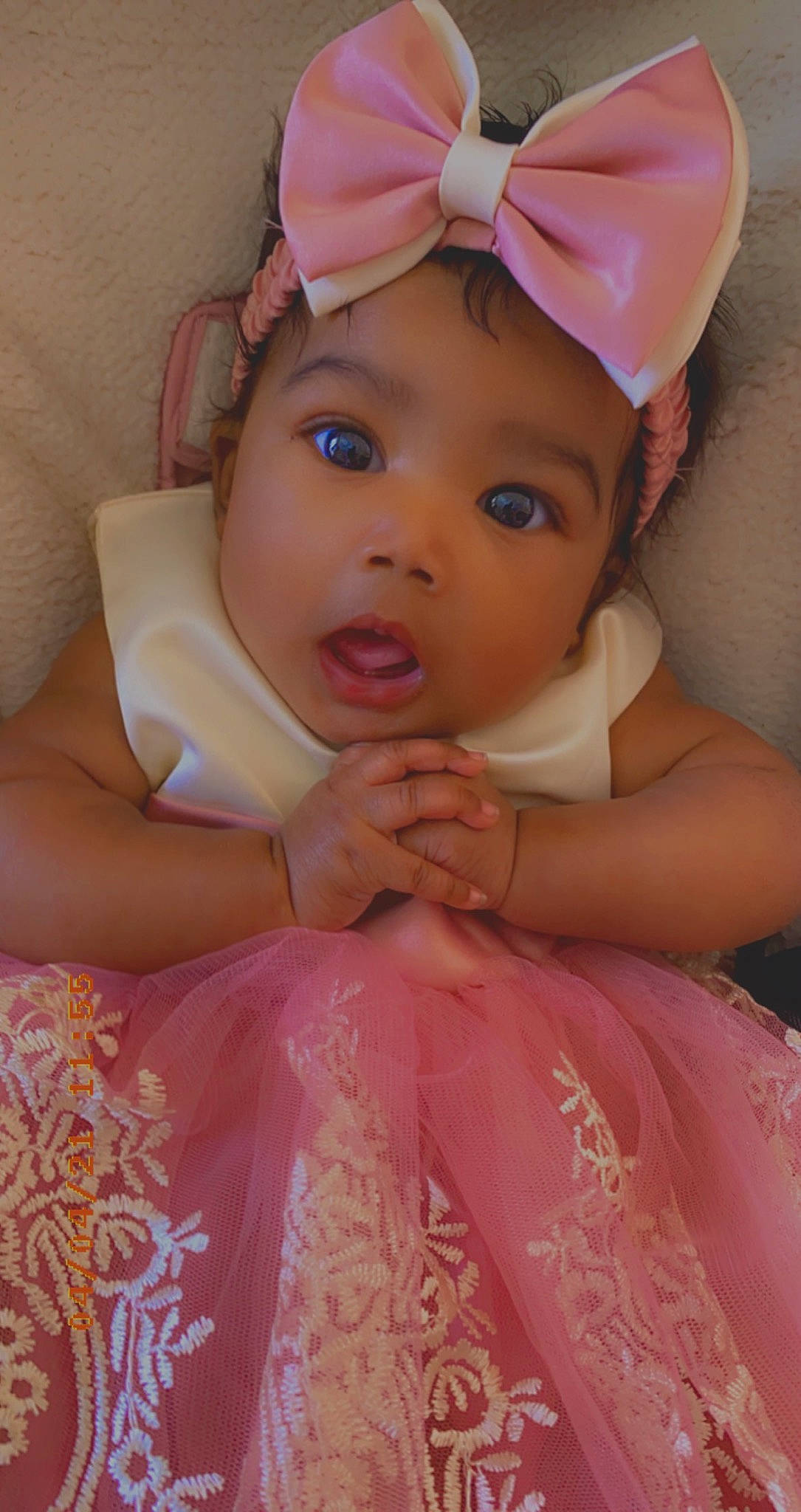 Kri is registered to the contest to win money with this photo: baby, baby_toddler_clothing, beauty, cap, child, dress, embellishment, eye, eyelash, happy, head, headband, headgear, headpiece, headwear, iris, lip, magenta, person, pink