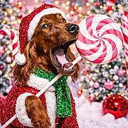 Leopold is registered to the contest to win money with this photo: dog, christmas, holiday, festive, santa_hat, scarf, lollipop, red, green, decorations, lights, celebration, winter, cute, pet, canine, sparkle, background, joy, seasonal