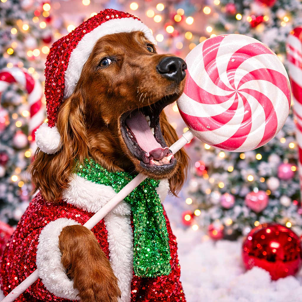 Leopold is registered to the contest to win money with this photo: dog, christmas, holiday, festive, santa_hat, scarf, lollipop, red, green, decorations, lights, celebration, winter, cute, pet, canine, sparkle, background, joy, seasonal