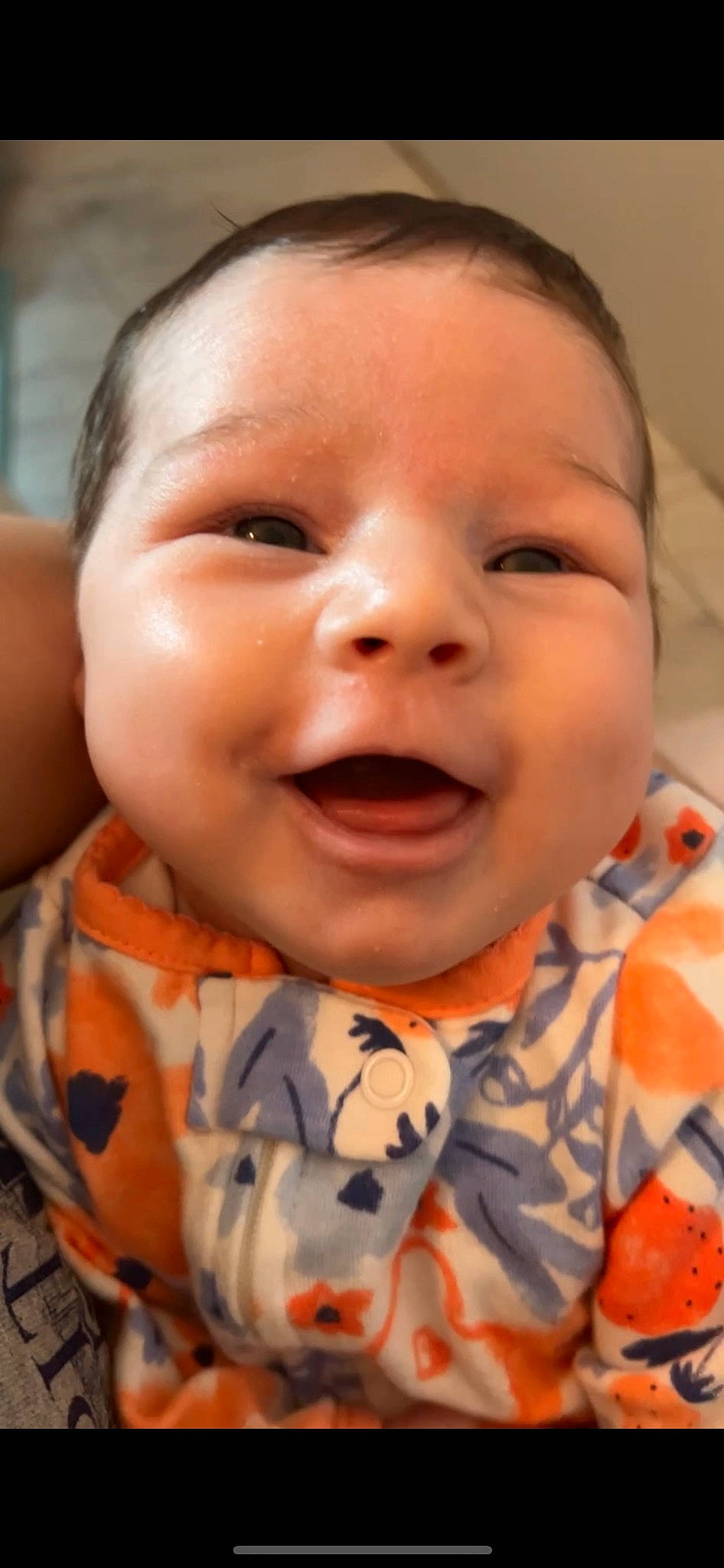 Oakleigh is registered to the contest to win money with this photo: baby, baby_laughing, baby_toddler_clothing, cheek, chin, eyelash, facial_expression, happy, iris, jaw, lip, mouth, nose, orange, person, skin, sleeve, smile, toddler, tongue