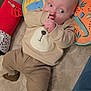 Seb is registered to the contest to win money with this photo: baby, infant, thumb_sucking, pillow, beige_clothing, bear_design, soft_surface, carpet, curious, lying_down, child, indoors, cute, cozy, sock, head, face, person, floor, toy